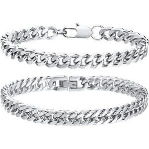 2Pcs Cuban Link Chain Bracelet Set Sturdy Stainless Steel Curb Width Cuban Link